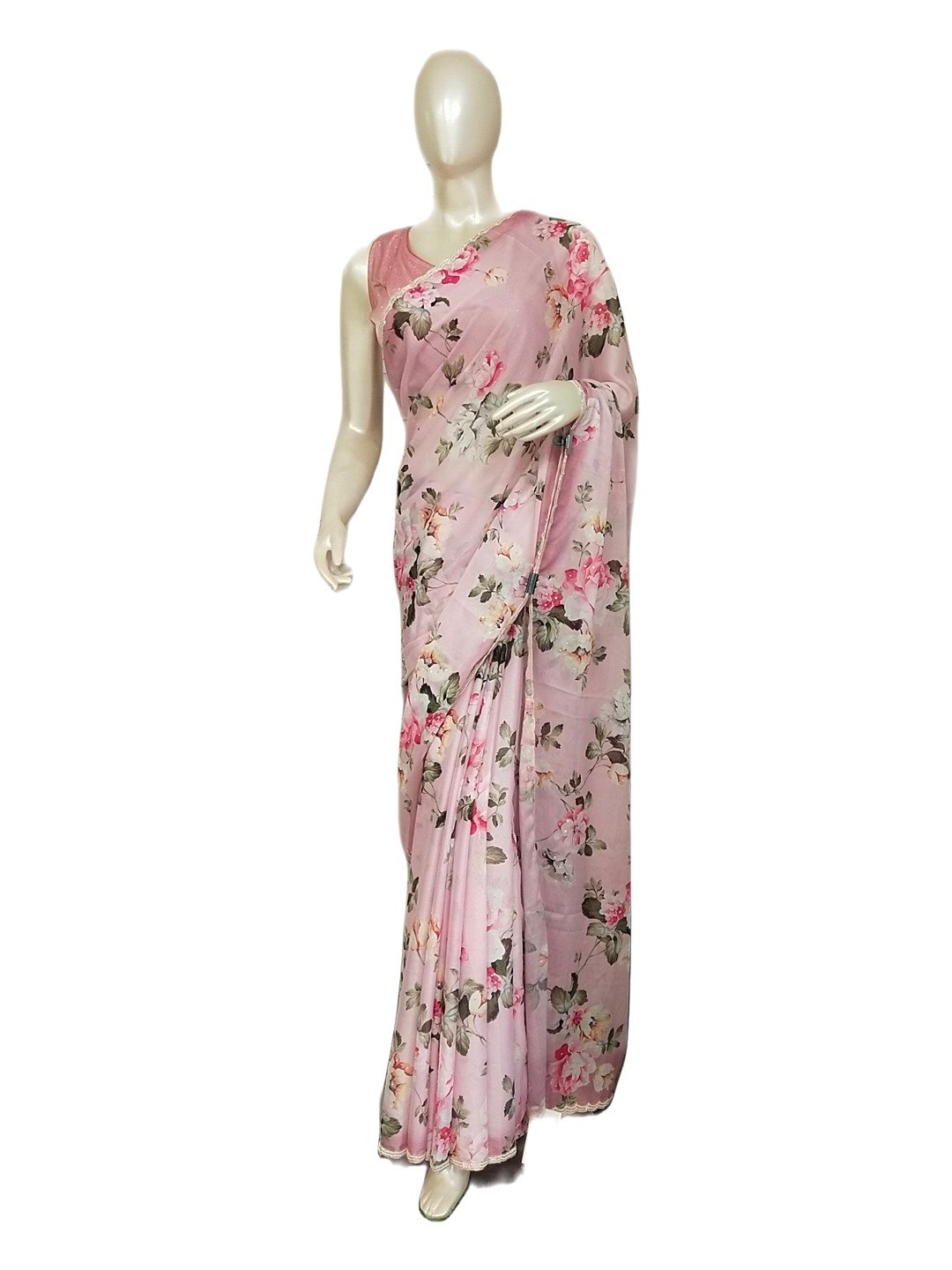 ELEGANT PINK FLORAL PRINTED SARI